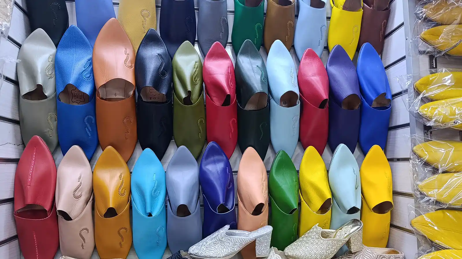 Rabat souks shopping tour with colorful Moroccan slippers in the old medina